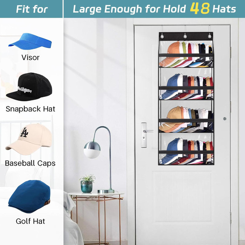 Rebrilliant Clear Over The Door Hat Racks For Baseball Caps Hold 48 Caps Hat Storage Organizer For Closet Wall Deep Pockets Hanging Hat Holder Shelves With 3 Hooks Black Wayfair